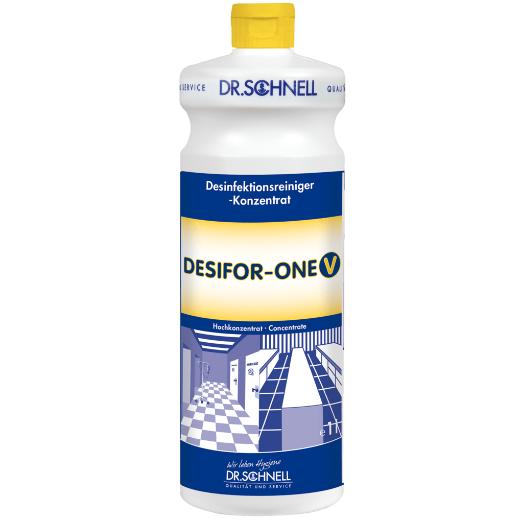A white plastic bottle Dr. Schnell DESIFOR-ONE V surface disinfectant by DR.SCHNELL GmbH & Co. KGaA, with a yellow cap and blue-white label with German inscription, ideal for surface disinfection in hygienic areas.