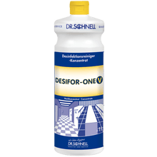 A white plastic bottle Dr. Schnell DESIFOR-ONE V surface disinfectant by DR.SCHNELL GmbH & Co. KGaA, with a yellow cap and blue-white label with German inscription, ideal for surface disinfection in hygienic areas.