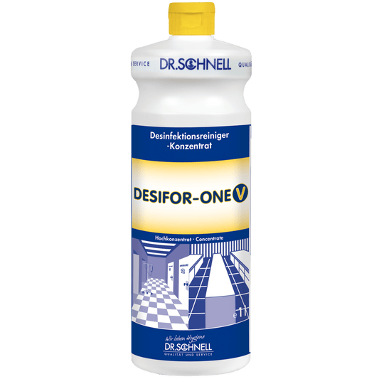A white plastic bottle Dr. Schnell DESIFOR-ONE V surface disinfectant by DR.SCHNELL GmbH & Co. KGaA, with a yellow cap and blue-white label with German inscription, ideal for surface disinfection in hygienic areas.
