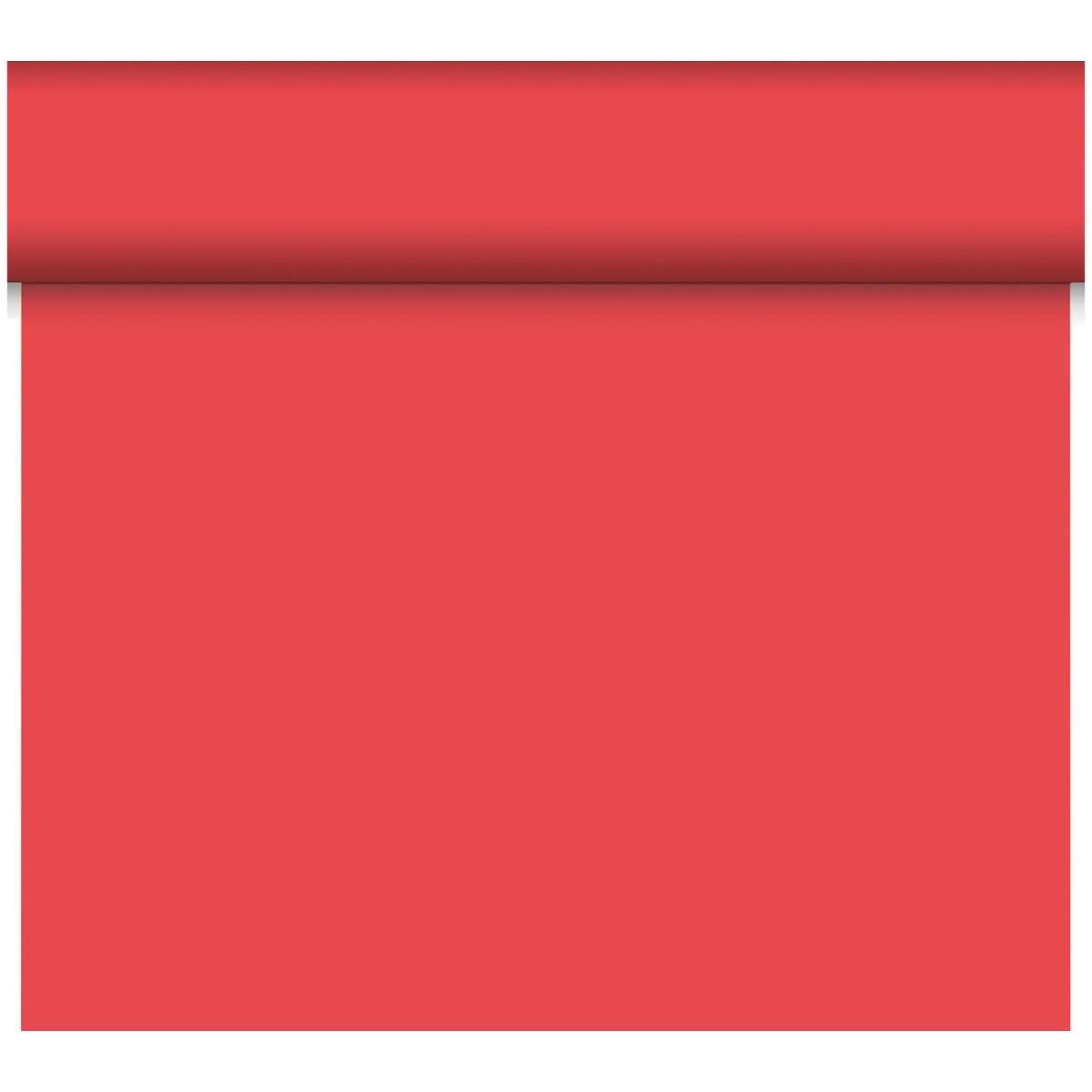 A roll of Bio-DC Tete a Tete (0.4x24m, red) from Duni GmbH, made from high-quality material, is partially unrolled, with the strip running downwards against a white background.