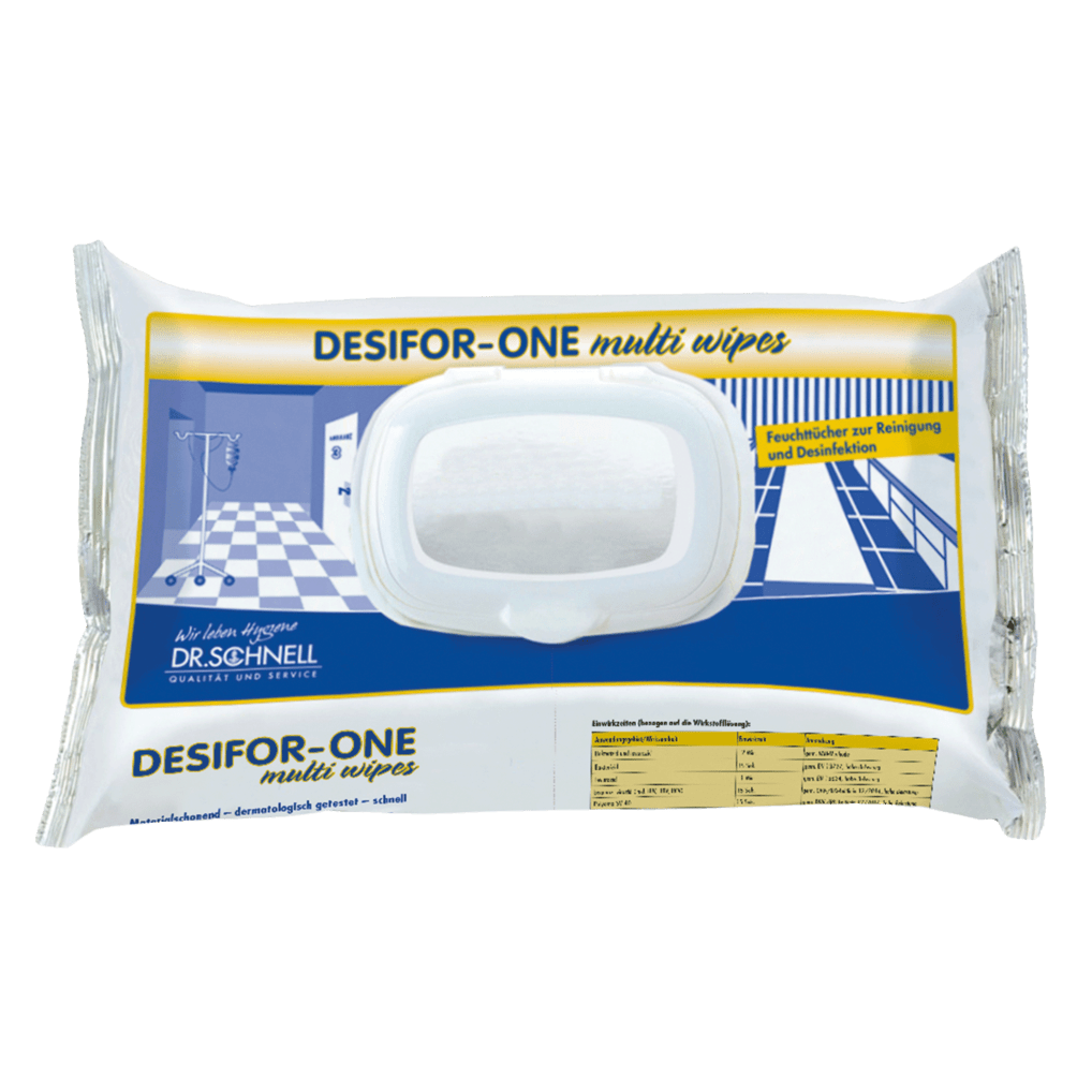 A pack of Dr. Schnell DESIFOR-ONE MULTI WIPES surface disinfection wipes (100 wipes) from DR.SCHNELL GmbH & Co. KGaA is depicted in white packaging with blue and yellow accents and bears the label "limited virucidal PLUS" for cleaning and disinfection.