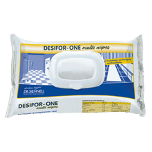 A pack of Dr. Schnell DESIFOR-ONE MULTI WIPES surface disinfection wipes (100 wipes) from DR.SCHNELL GmbH & Co. KGaA is depicted in white packaging with blue and yellow accents and bears the label "limited virucidal PLUS" for cleaning and disinfection.
