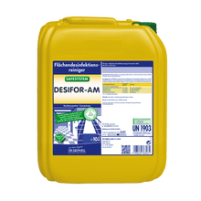 A yellow 10-liter plastic container of Dr. Schnell DESIFOR-AM Surface Disinfection by DR.SCHNELL GmbH & Co. KGaA, with product information and safety labels in blue, white, and green.