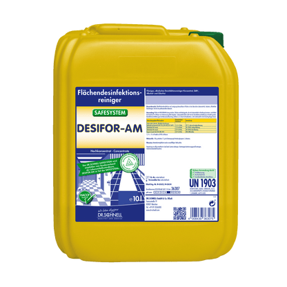 A yellow 10-liter plastic container of Dr. Schnell DESIFOR-AM Surface Disinfection by DR.SCHNELL GmbH & Co. KGaA, with product information and safety labels in blue, white, and green.