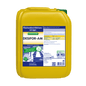 A yellow 10-liter plastic container of Dr. Schnell DESIFOR-AM Surface Disinfection by DR.SCHNELL GmbH & Co. KGaA, with product information and safety labels in blue, white, and green.