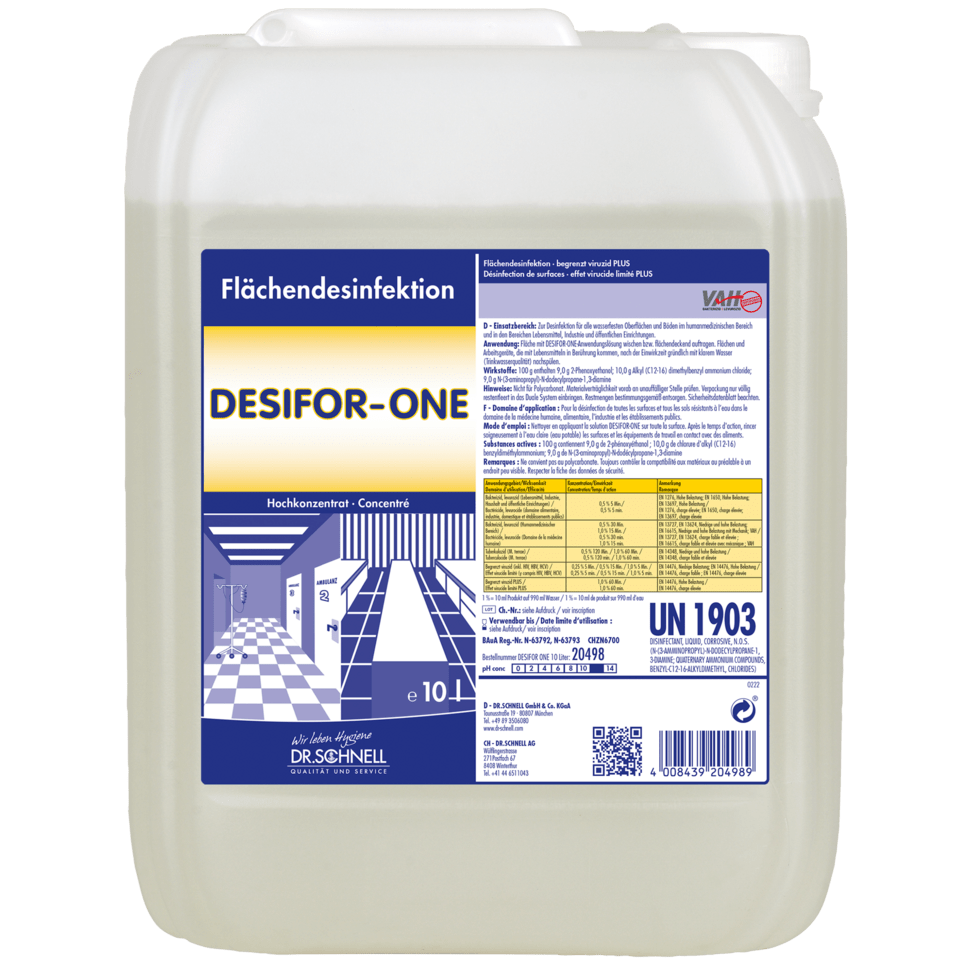The 10-liter container of Dr. Schnell Desifor-One Surface Disinfection, limited virucidal PLUS by DR.SCHNELL GmbH & Co. KGaA features a blue-white label with product information, instructions for use, warning symbol, and a white cap for convenient surface disinfection.