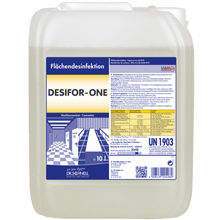 The 10-liter container of Dr. Schnell Desifor-One Surface Disinfection, limited virucidal PLUS by DR.SCHNELL GmbH & Co. KGaA features a blue-white label with product information, instructions for use, warning symbol, and a white cap for convenient surface disinfection.