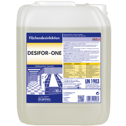 The 10-liter container of Dr. Schnell Desifor-One Surface Disinfection, limited virucidal PLUS by DR.SCHNELL GmbH & Co. KGaA features a blue-white label with product information, instructions for use, warning symbol, and a white cap for convenient surface disinfection.