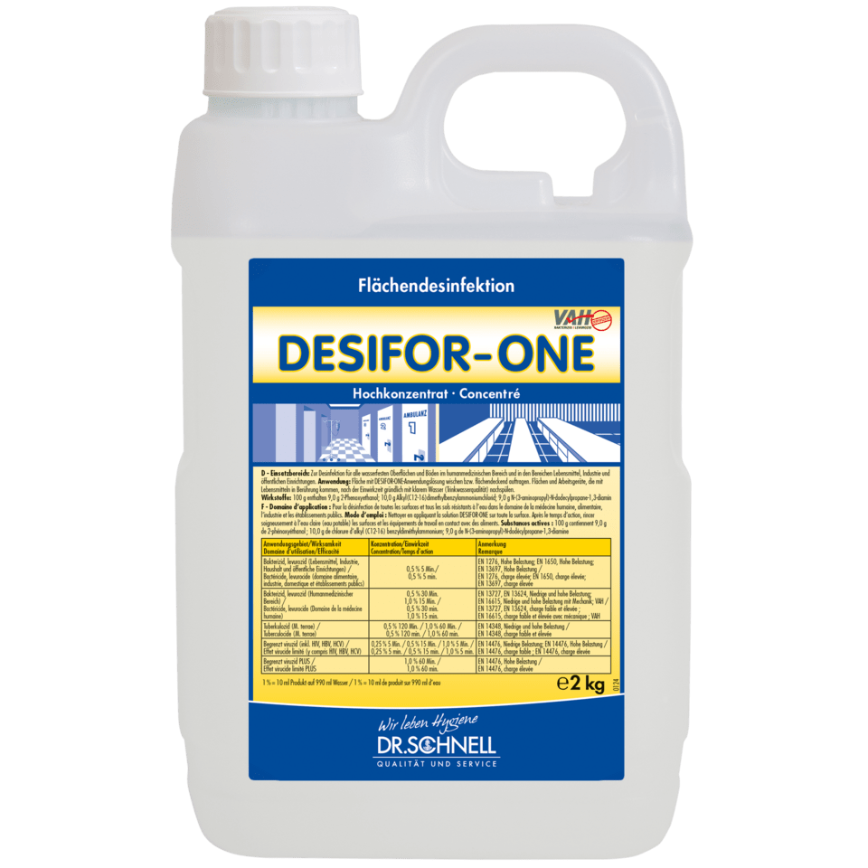 A 2 kg plastic container of Dr. Schnell Desifor-One Surface Disinfection, limited virucidal PLUS by DR.SCHNELL GmbH & Co. KGaA, with a white lid and handle. The front label contains information, instructions, and dosage directions in German.