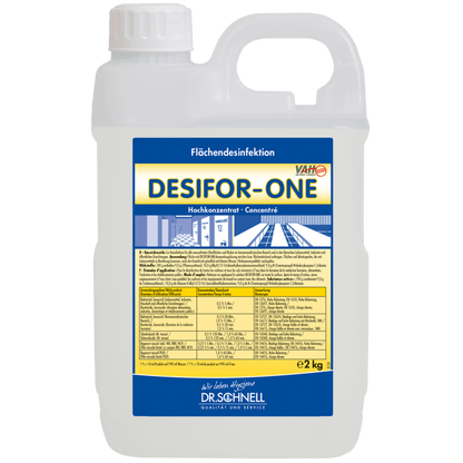 A 2 kg plastic container of Dr. Schnell Desifor-One Surface Disinfection, limited virucidal PLUS by DR.SCHNELL GmbH & Co. KGaA, with a white lid and handle. The front label contains information, instructions, and dosage directions in German.