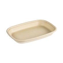 A beige Cube Bowl 800 ml from Duni GmbH made of brown bagasse, PBAT/PLA-coated (249x172x30 mm), rectangular with rounded corners and raised edges, on a white background. Package: 40 pieces.