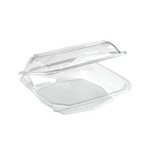 The Duni GmbH rPET Octaview® 400 ml transparent food container (125x125x80 mm), shown open and empty on a white background, is a sustainable packaging option. The pack contains 400 pieces.