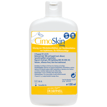 A 150 ml bottle Dr. Schnell CIMOSKIN hand sanitizer from DR.SCHNELL GmbH & Co. KGaA, with a yellow-white label with instructions for hygienic disinfection and a blue-white flip-top cap.