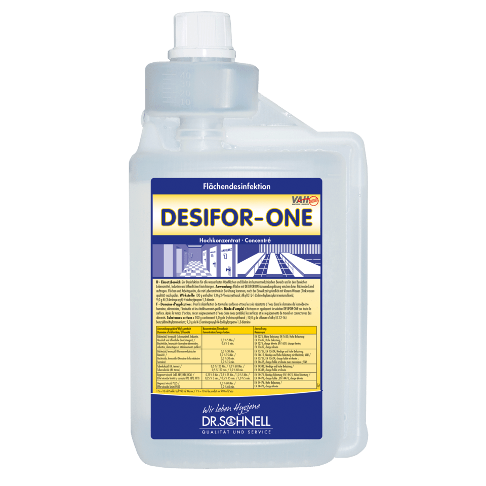 Transparent 5L bottle labeled "Dr. Schnell Desifor-One Surface Disinfection, limited virucidal PLUS" by DR.SCHNELL GmbH & Co. KGaA, with blue/yellow accents, German instructions for use, built-in measuring chamber, and white cap.