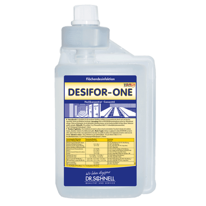 Transparent 5L bottle labeled "Dr. Schnell Desifor-One Surface Disinfection, limited virucidal PLUS" by DR.SCHNELL GmbH & Co. KGaA, with blue/yellow accents, German instructions for use, built-in measuring chamber, and white cap.