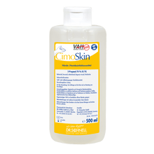 A 500 ml plastic bottle of Dr. Schnell CIMOSKIN hand sanitizer from DR.SCHNELL GmbH & Co. KGaA, with a white cap and a yellow-white-blue German label highlighting the skin-friendly, hygienic disinfection properties.