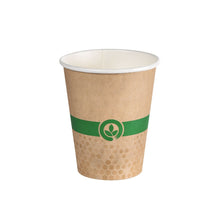 The Duni GmbH Melli Becher Single Wall 350 ml cup has a brown design with a green band, a central leaf symbol, a subtle honeycomb pattern near the bottom, a white interior, and is made from printed cardboard with a water-based coating. Pack of 30 pieces.