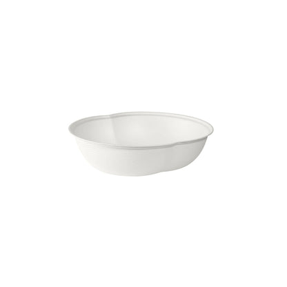 The Atlantis Bowl Bagasse, white, uncoated by Duni GmbH is a round, simple white disposable bowl with a textured surface and flared rim - an environmentally friendly alternative to plastic, perfect for use in the catering industry.