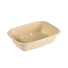 The rectangular Cube Bowl 900 ml made of uncoated brown bagasse (214x159x54) by Duni GmbH, with rounded corners and elevated inner recesses, is an environmentally friendly disposable bowl and is shown empty against a white background.
