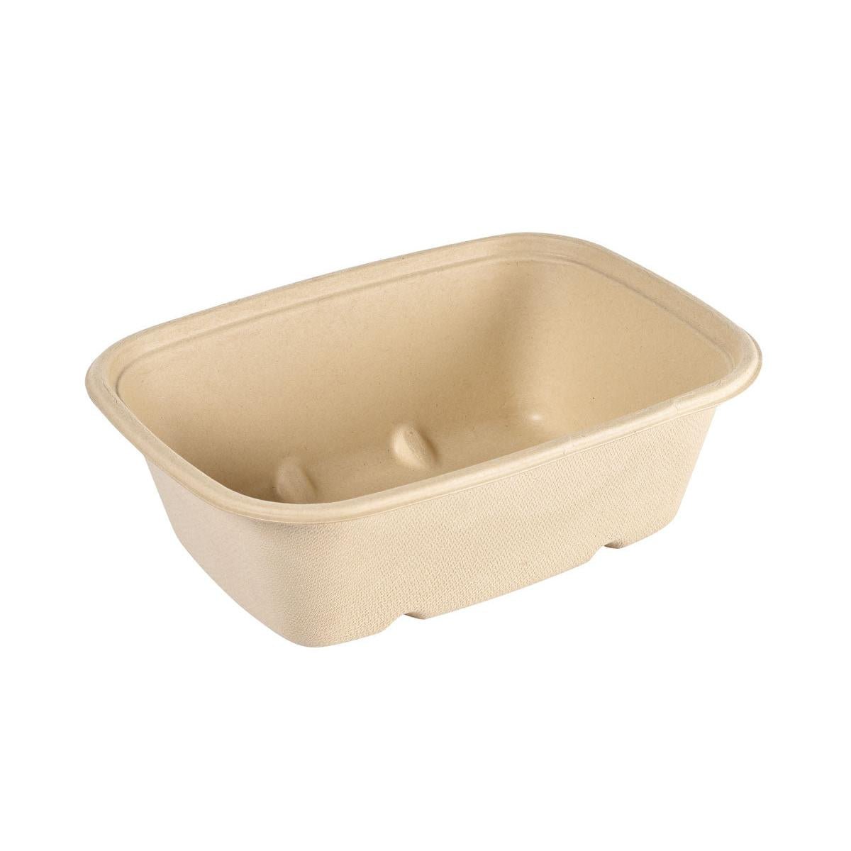 The Cube Bowl 1200 ml - uncoated Brown Bagasse 214x159x70 by Duni GmbH is a rectangular, brown, compostable food container made of molded fibers (pack of 40), shown empty on a white background.