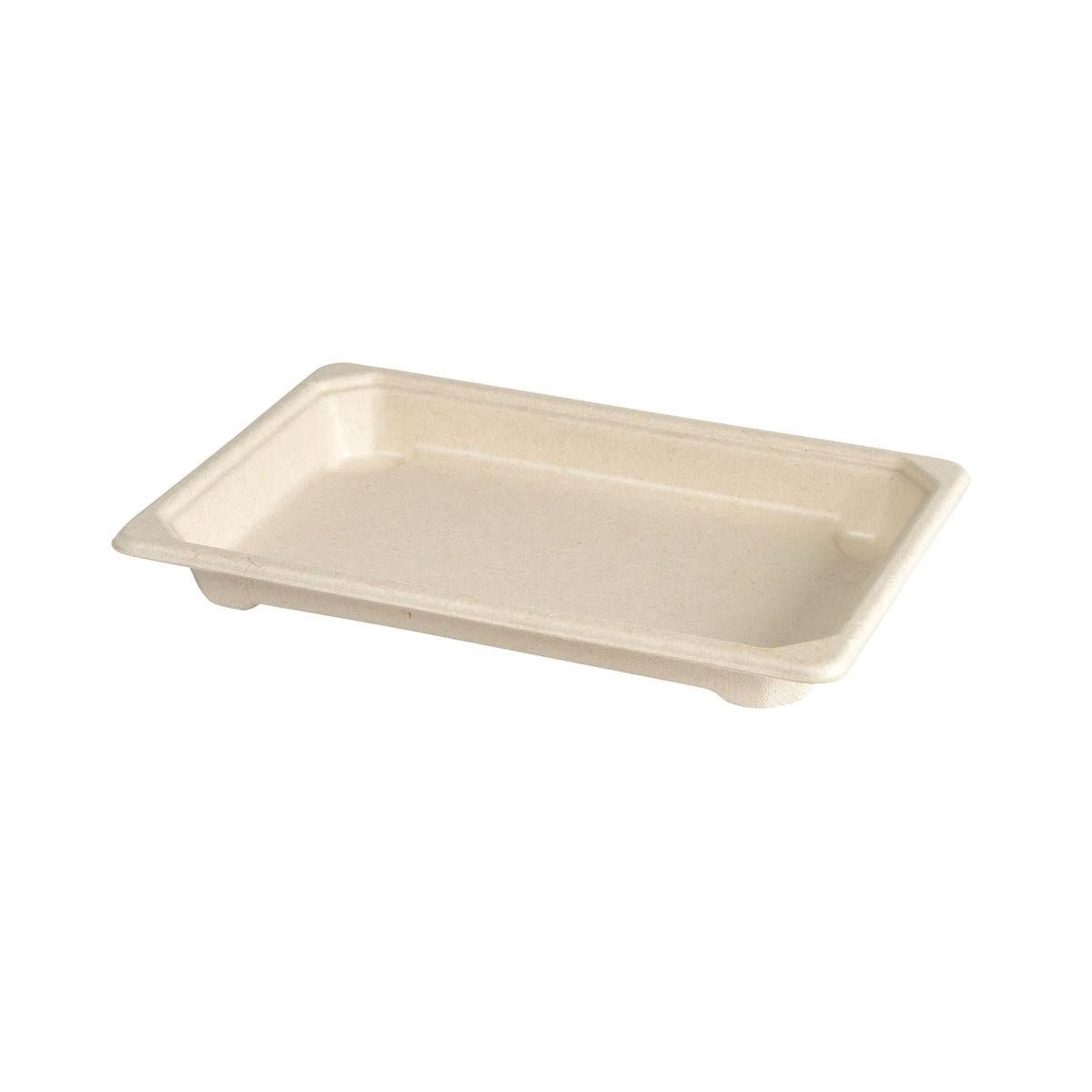 The Duni GmbH Sushi & Deli Tray Small is a brown, rectangular bagasse PLA-coated tray (184x128x22 mm) for eco-friendly packaging, depicted on a white background. Package: 100 pieces.
