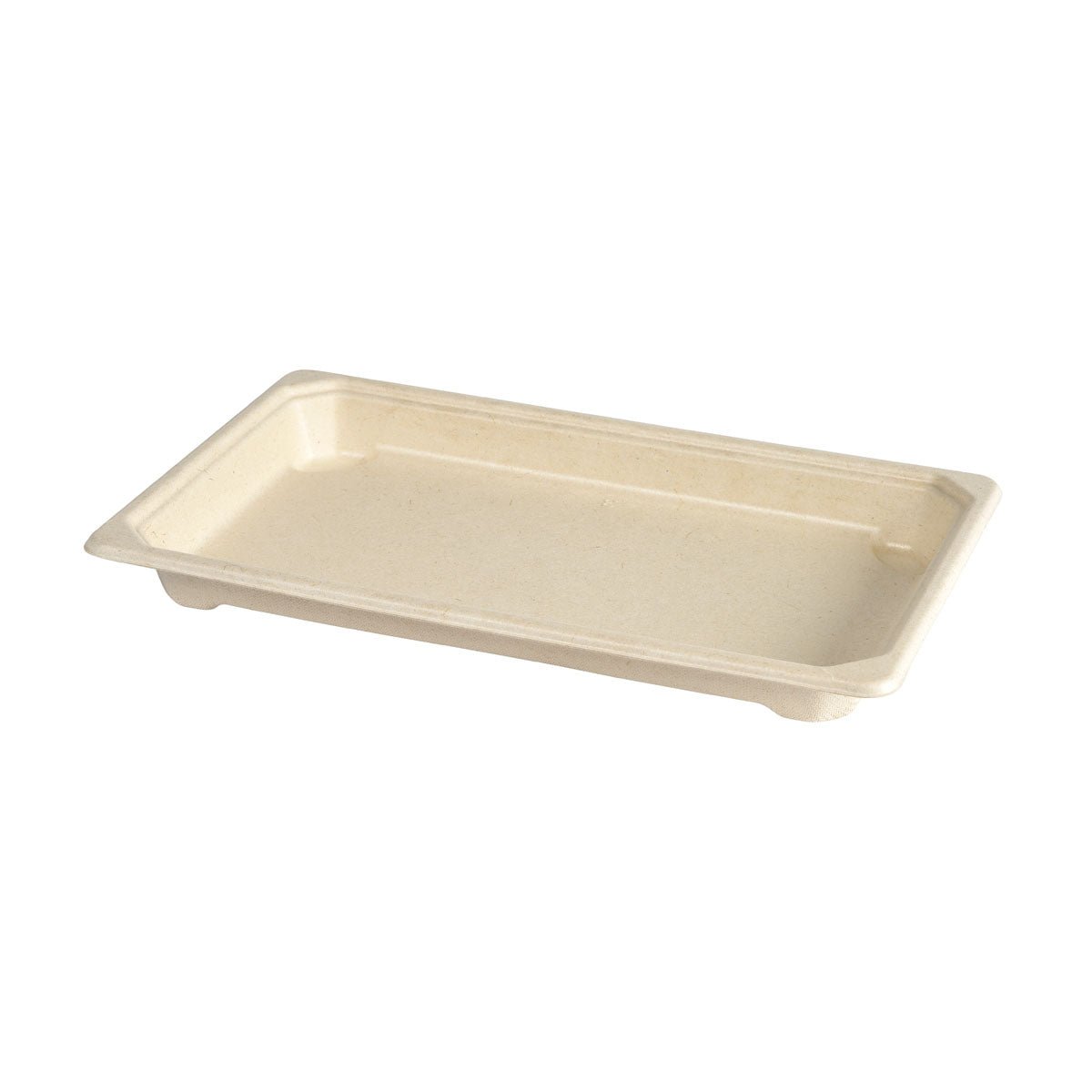 A rectangular beige Duni GmbH Sushi & Deli Tray Medium (215x135x22 mm), made from environmentally friendly, compostable brown bagasse with PLA coating, is shown empty against a white background. Pack of 110 pieces.
