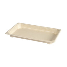 A rectangular beige Duni GmbH Sushi & Deli Tray Medium (215x135x22 mm), made from environmentally friendly, compostable brown bagasse with PLA coating, is shown empty against a white background. Pack of 110 pieces.