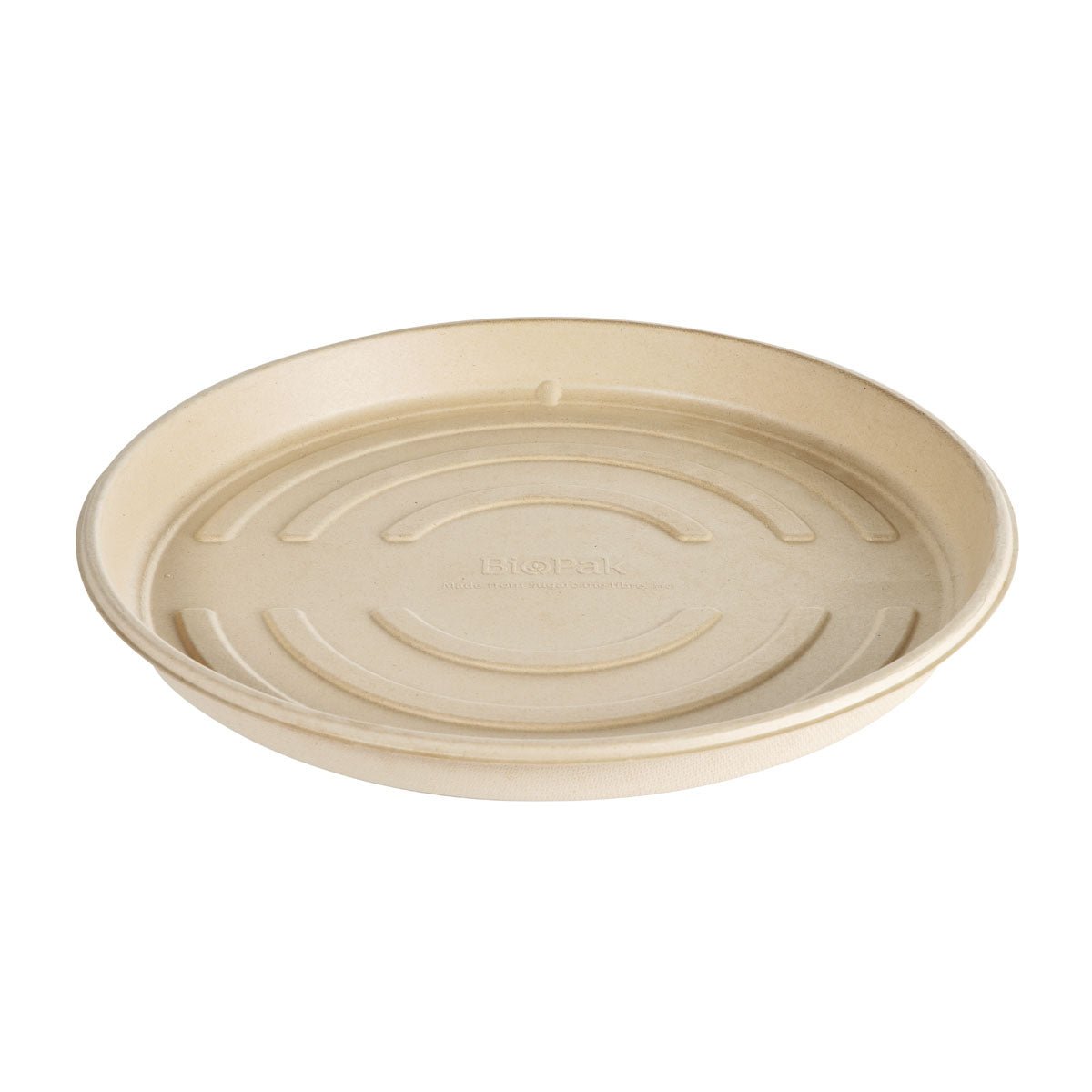 A round, beige pizza box (uncoated brown bagasse, 356x356x34mm) from Duni GmbH. Environmentally friendly and compostable, ideal as an eco-friendly pizza packaging for serving pizza. The package contains 50 pieces.