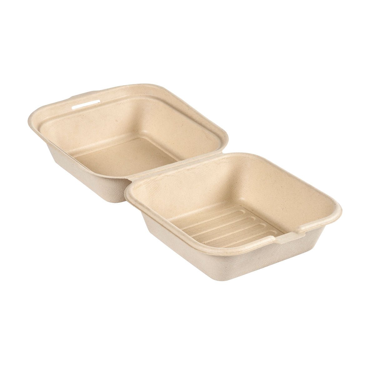 The Clamshell 475 ml - uncoated Brown Bagasse 155x155x80 by Duni GmbH (Pack of 50 pieces) is a biodegradable, brown-colored molded fiber takeout container - an eco-friendly packaging for your meals.