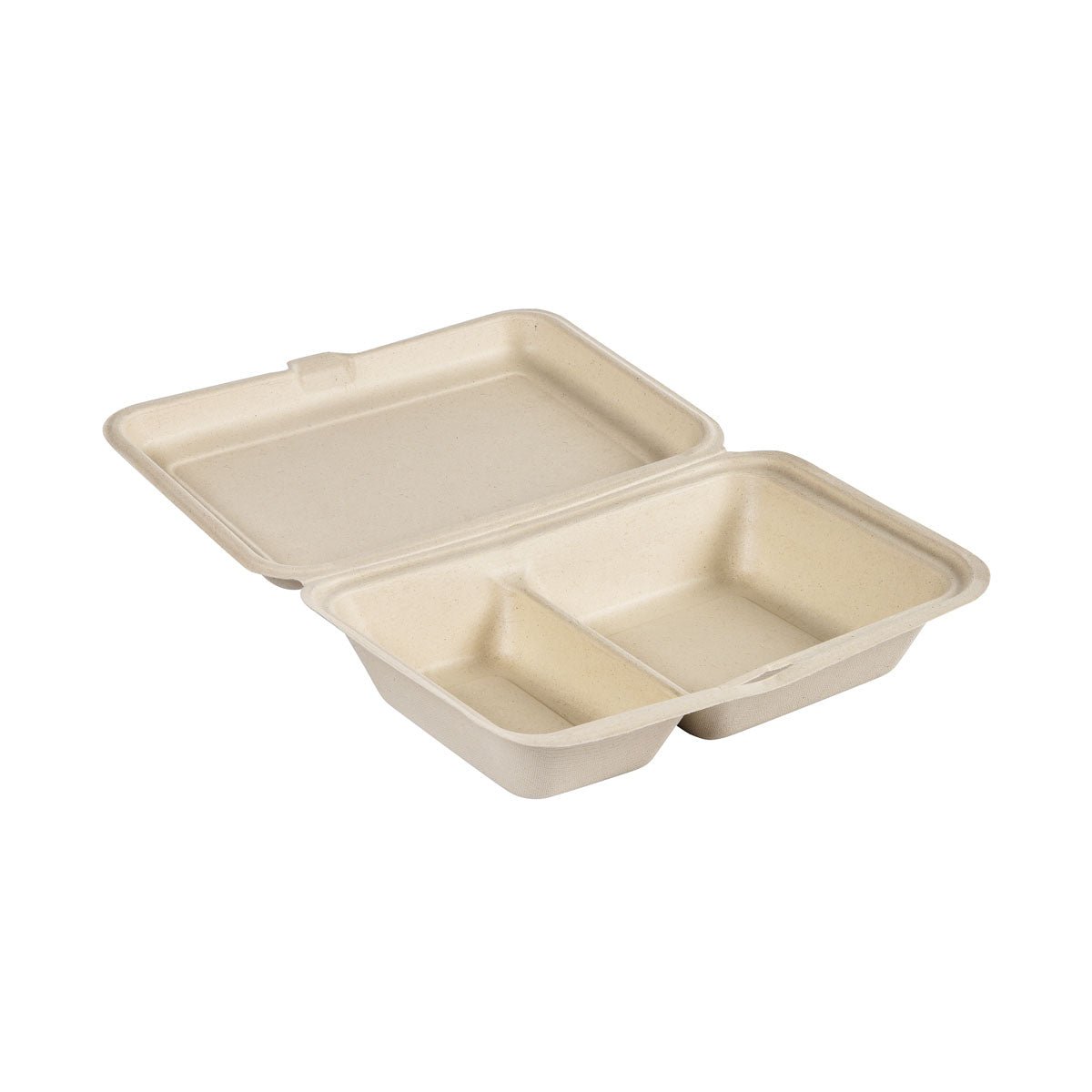 A clamshell 470/300 ml - uncoated 2 brown bagasse packaging (255x170x65 mm) from Duni GmbH, made from sustainable food packaging, features two compartments with a hinged lid and is depicted open on a white background. Package: 50 pieces.