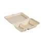 A clamshell 470/300 ml - uncoated 2 brown bagasse packaging (255x170x65 mm) from Duni GmbH, made from sustainable food packaging, features two compartments with a hinged lid and is depicted open on a white background. Package: 50 pieces.