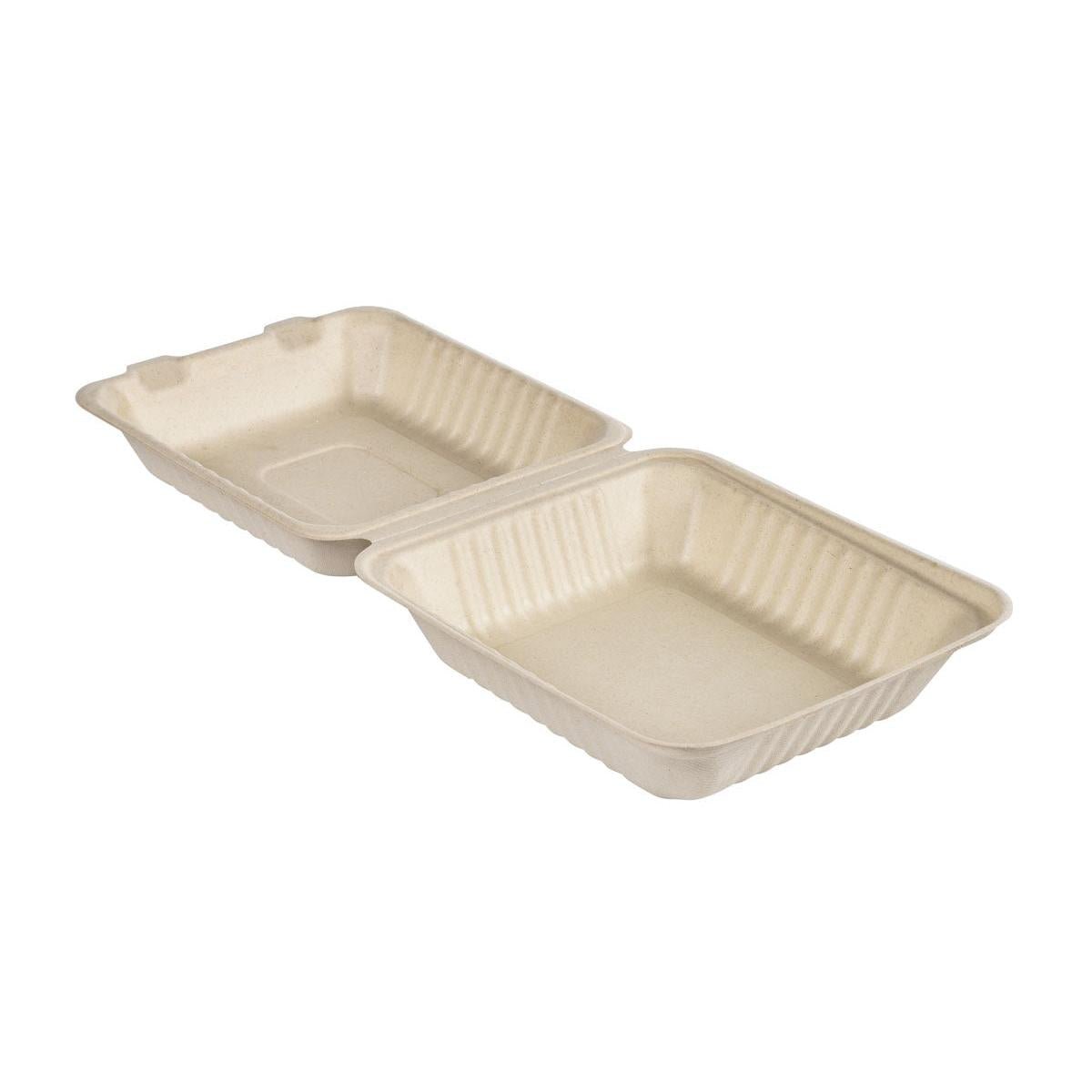 An open Clamshell 1000 ml - uncoated brown bagasse 223x200x85 takeaway container from Duni GmbH shows two empty, ribbed compartments. Pack (50 pieces).