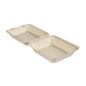 An open Clamshell 1000 ml - uncoated brown bagasse 223x200x85 takeaway container from Duni GmbH shows two empty, ribbed compartments. Pack (50 pieces).