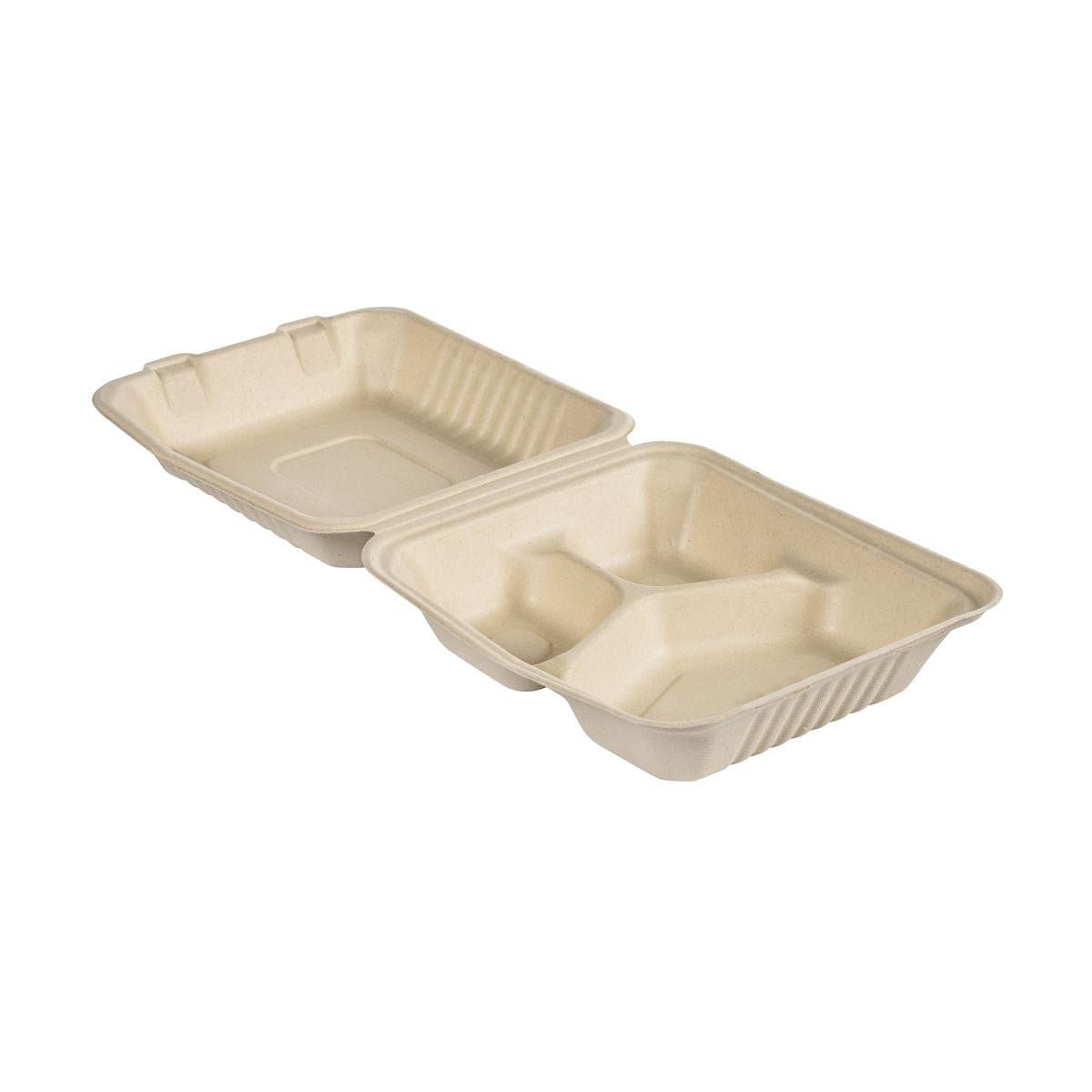 The Clamshell 325/70/60 ml from Duni GmbH is a brown, uncoated bagasse box (225x201x85 mm) with three compartments and a hinged lid, ideal as an eco-friendly takeout container. Packaging unit: 50 pieces.