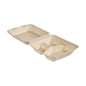 The Clamshell 325/70/60 ml from Duni GmbH is a brown, uncoated bagasse box (225x201x85 mm) with three compartments and a hinged lid, ideal as an eco-friendly takeout container. Packaging unit: 50 pieces.