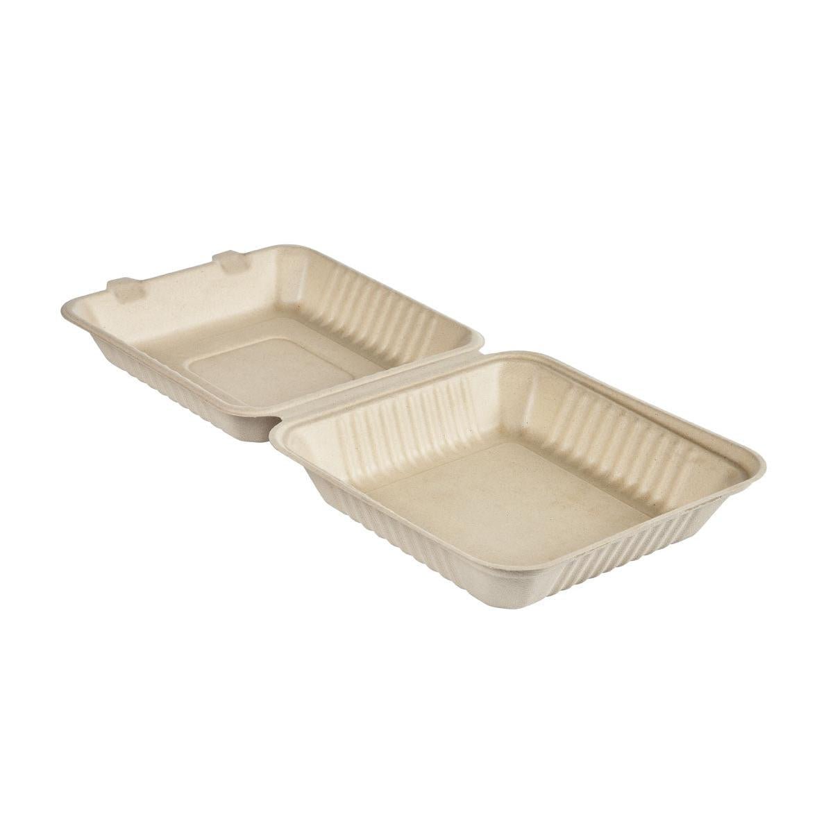The Clamshell 1200 ml - uncoated Brown Bagasse 236x231x81 from Duni GmbH is a beige, rectangular, compostable food container with two ribbed compartments - ideal for eco-friendly packaging. Available in packs of 50 pieces.