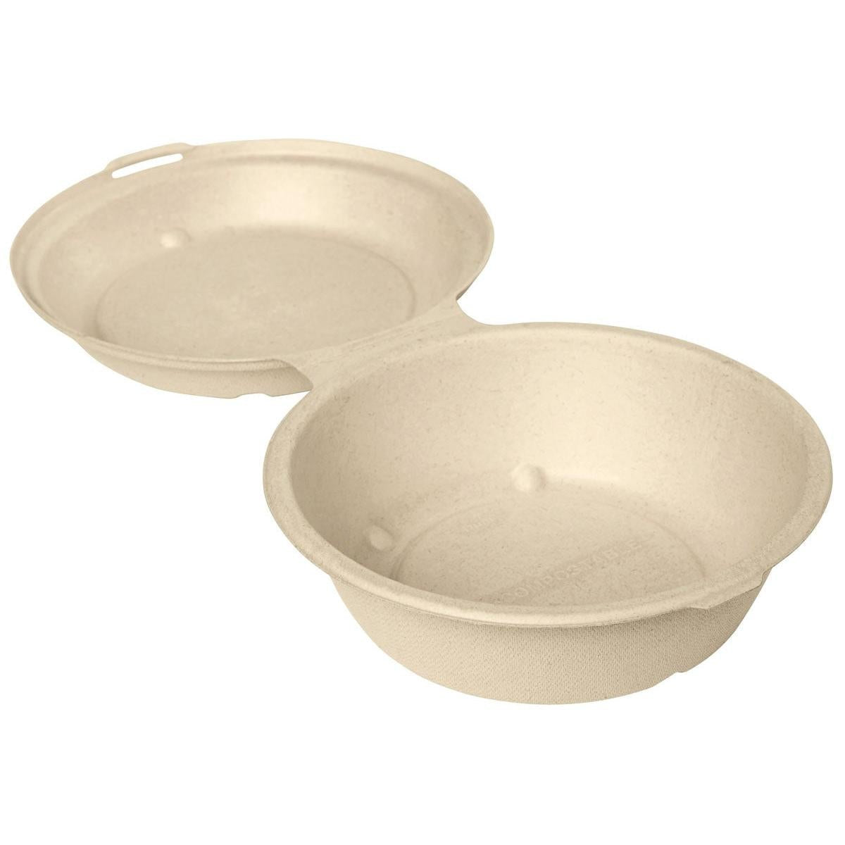 The Duni GmbH Clamshell 750 ml - uncoated Brown Bagasse 171x171x55, a brown, biodegradable food container, features two compartments and is ideal for the eco-friendly presentation of meals. Each pack contains 55 pieces.