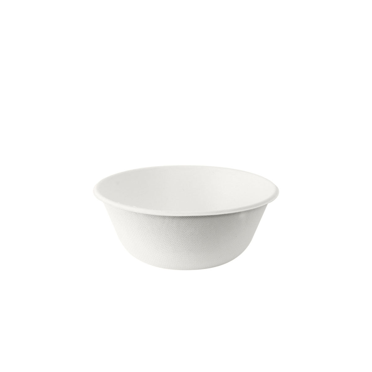 A simple, white Coppa Bowl 500 ml (140x140x57 mm) from Duni GmbH is placed centrally on a white background. This eco-friendly disposable bowl (50-pack) made of uncoated bagasse has a smooth texture without visible markings or patterns.