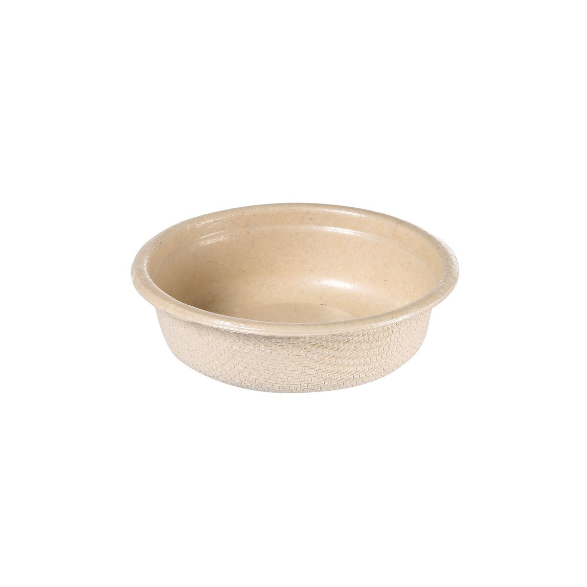 White, round, flat dressing cup 30 ml from Duni GmbH made of bagasse with PBAT/PLA coating (65x65x18 mm, pack of 150 pieces), with textured outside and smooth inside, on a white background.
