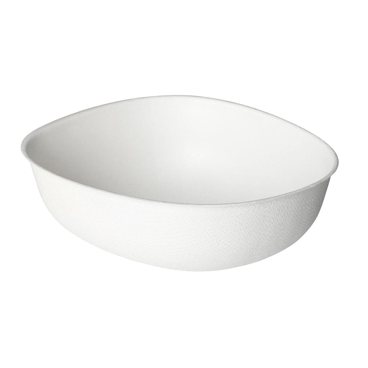 A simple, white, oval disposable cup (Bowls Pebble 500 ml - uncoated White Bagasse 150x130x50 by Duni GmbH, pack of 50 pieces), with a slightly textured surface, photographed on a white background.