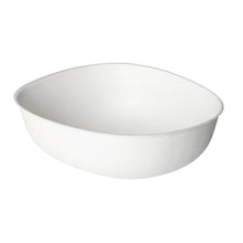 A simple, white, oval disposable cup (Bowls Pebble 500 ml - uncoated White Bagasse 150x130x50 by Duni GmbH, pack of 50 pieces), with a slightly textured surface, photographed on a white background.