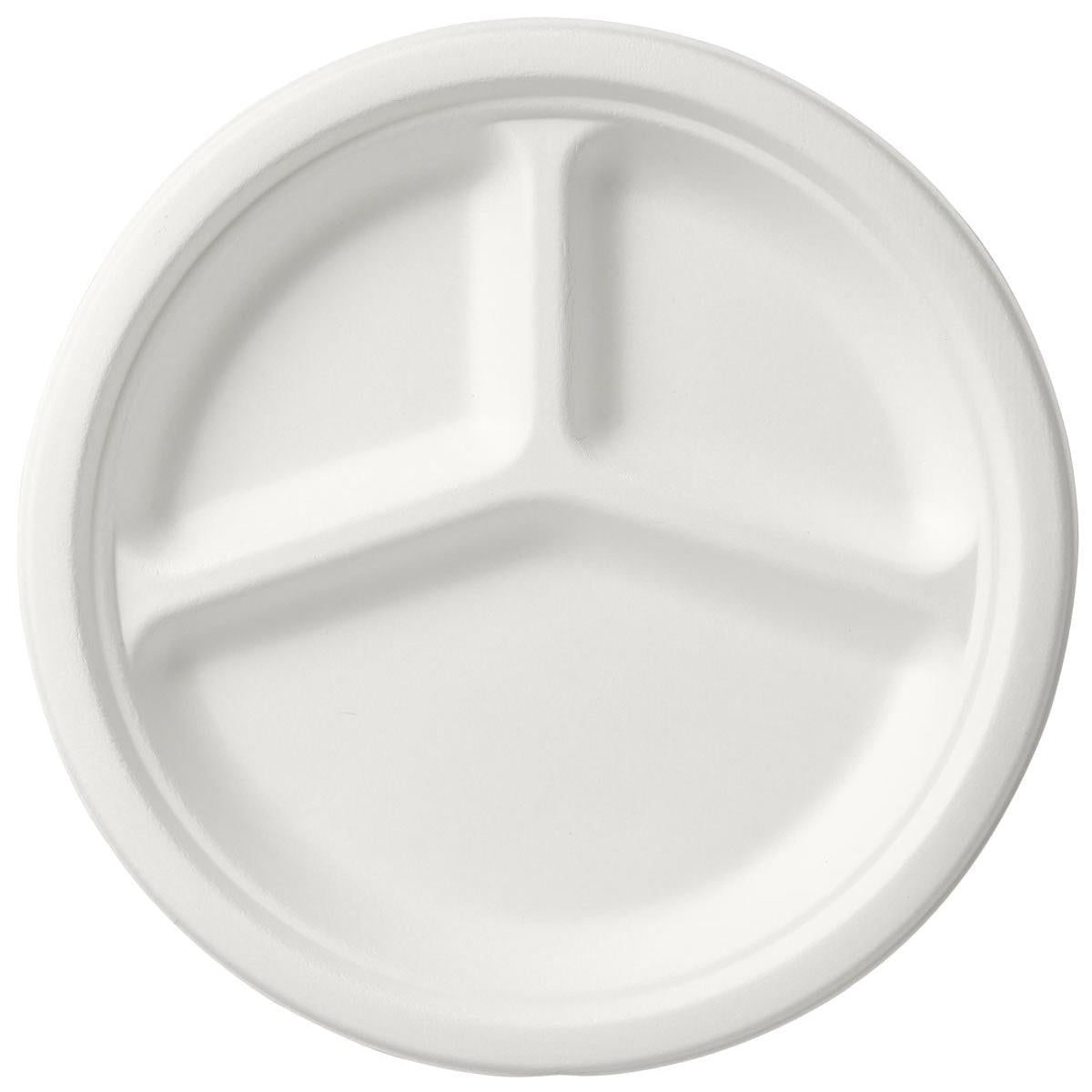 A round, uncoated plate 3-divided ø 26 cm made of white bagasse from Duni GmbH, triple divided and environmentally friendly, photographed from a bird's eye view on a simple base. Package: 50 pieces.