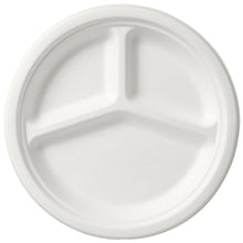 A round, uncoated plate 3-divided ø 26 cm made of white bagasse from Duni GmbH, triple divided and environmentally friendly, photographed from a bird's eye view on a simple base. Package: 50 pieces.
