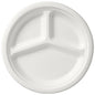 A round, uncoated plate 3-divided ø 26 cm made of white bagasse from Duni GmbH, triple divided and environmentally friendly, photographed from a bird's eye view on a simple base. Package: 50 pieces.