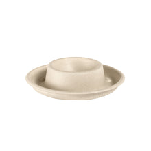 A beige, round, flat egg cup - uncoated brown bagasse Ø89 by Duni GmbH (pack of 70 pieces), with a raised center, is presented against a plain white background.