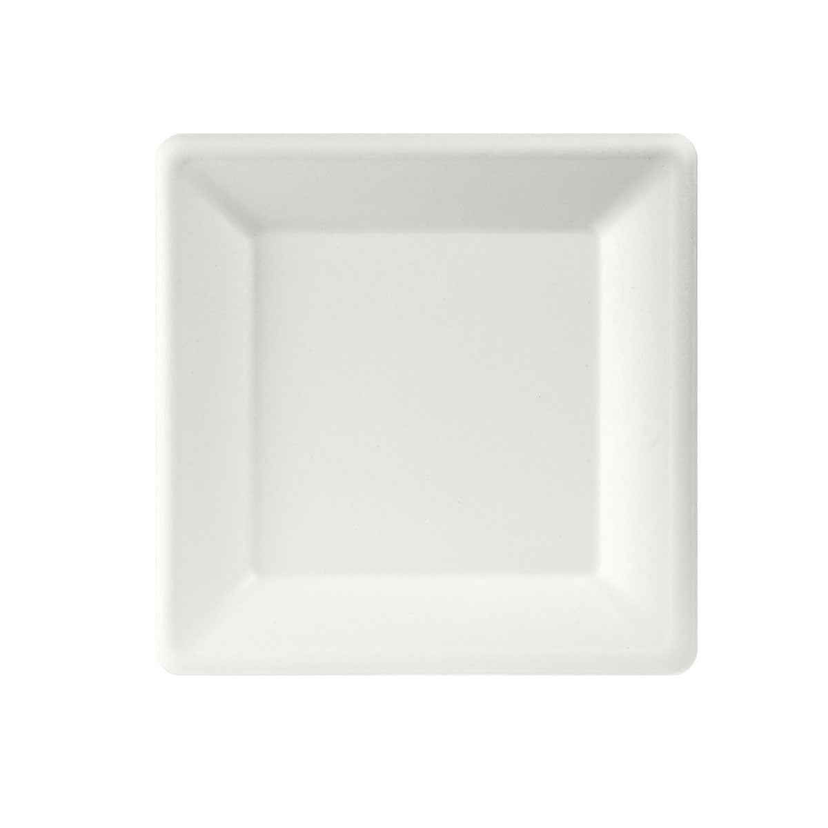 A 26x26 cm large white, square, uncoated bagasse plate from Duni GmbH is shown from top to bottom on a white background - environmentally friendly and biodegradable. Pack of 50 pieces.