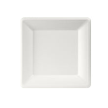 A 26x26 cm large white, square, uncoated bagasse plate from Duni GmbH is shown from top to bottom on a white background - environmentally friendly and biodegradable. Pack of 50 pieces.
