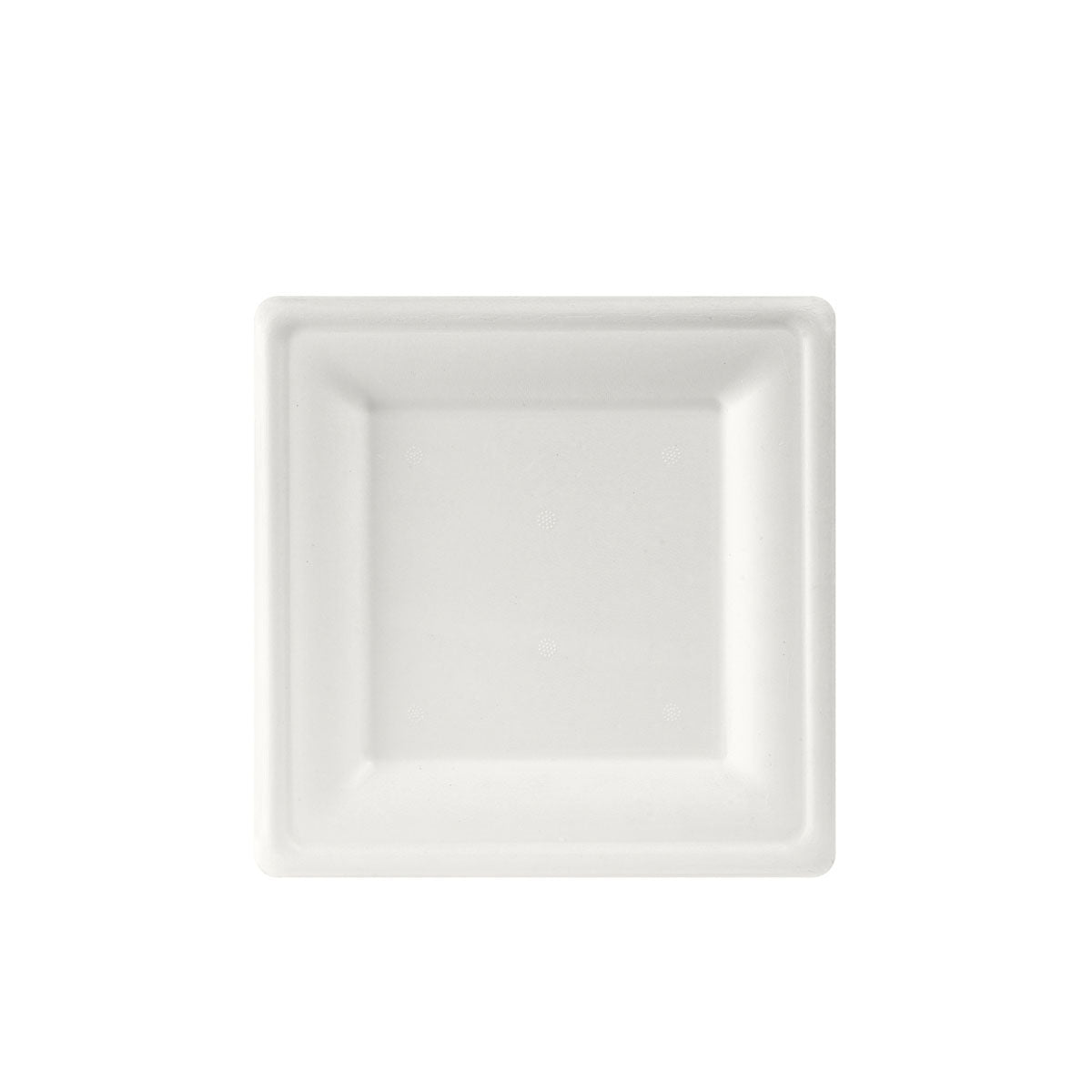 The Duni GmbH plate, square 20x20 cm white made of uncoated bagasse is shown on a white background. The biodegradable design makes it an environmentally friendly choice. The package contains 50 pieces.