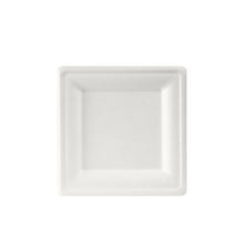 The Duni GmbH plate, square 20x20 cm white made of uncoated bagasse is shown on a white background. The biodegradable design makes it an environmentally friendly choice. The package contains 50 pieces.