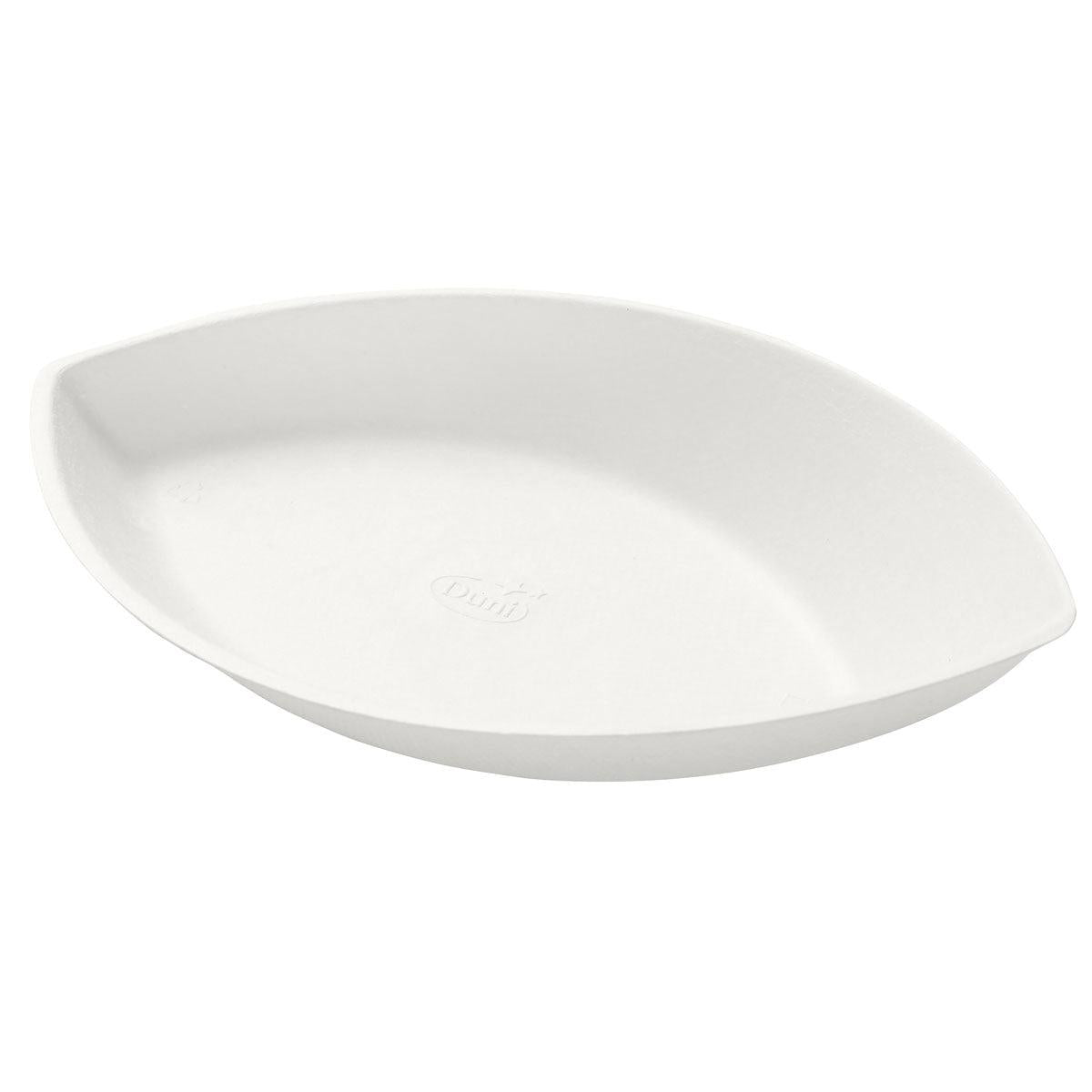 The bowl Demo Piatto 140 ml - uncoated White Bagasse 175x104x35 from Duni GmbH, a white oval disposable bowl with raised edges and subtly embossed logo, is made from environmentally friendly bagasse. Pictured in a pack of 35 pieces on a white background.